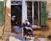 卡米耶 毕沙罗 : Woman and Child Doing Needlework